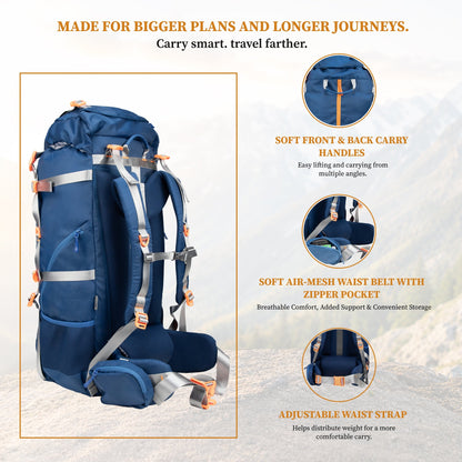 F Gear Hunter 75 2.0 Mettale Blue 75L Rucksack Trekking Backpack with Inbuilt Rain Cover