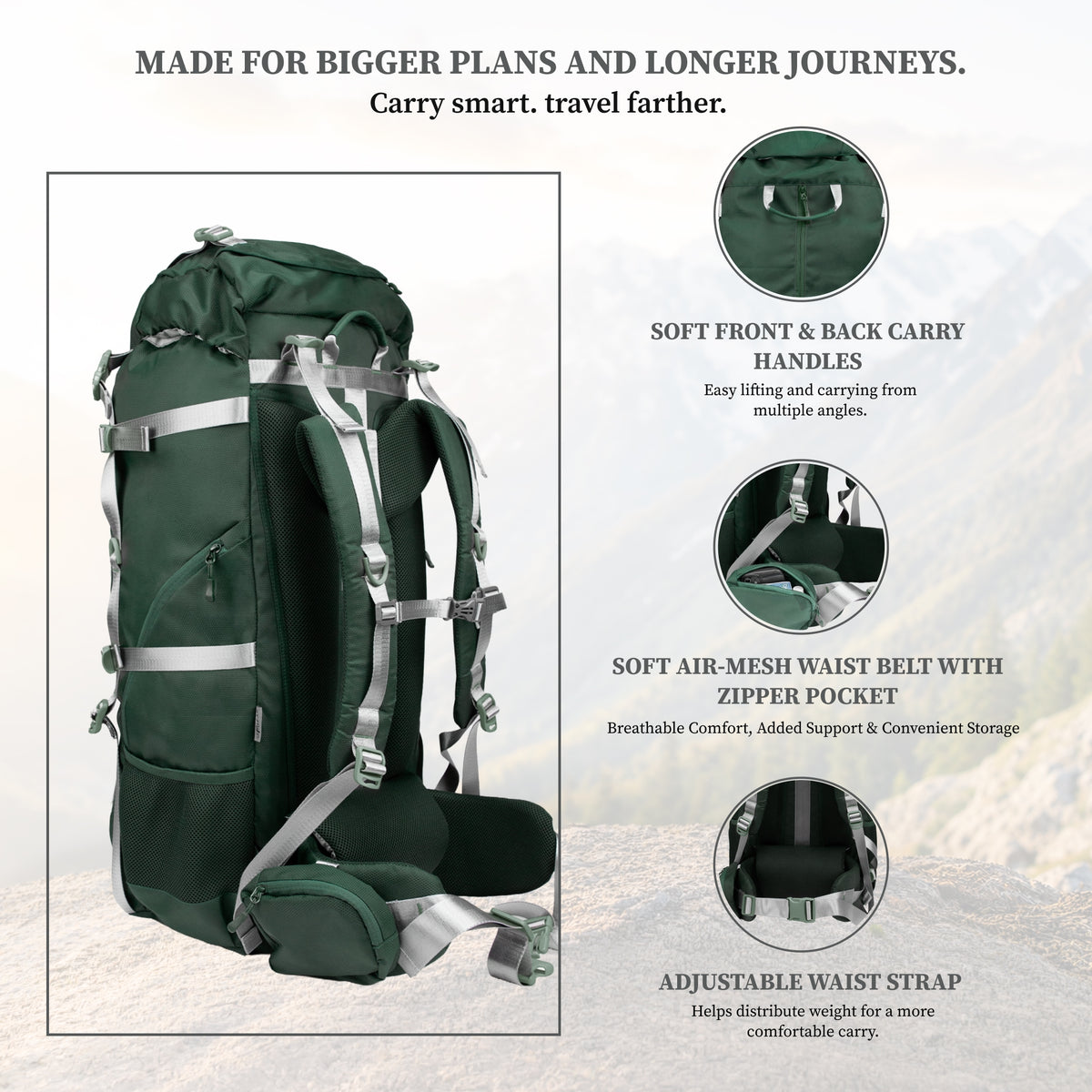 F Gear Hunter 75 2.0 Spruce Green 75L Rucksack Trekking Backpack with Inbuilt Rain Cover