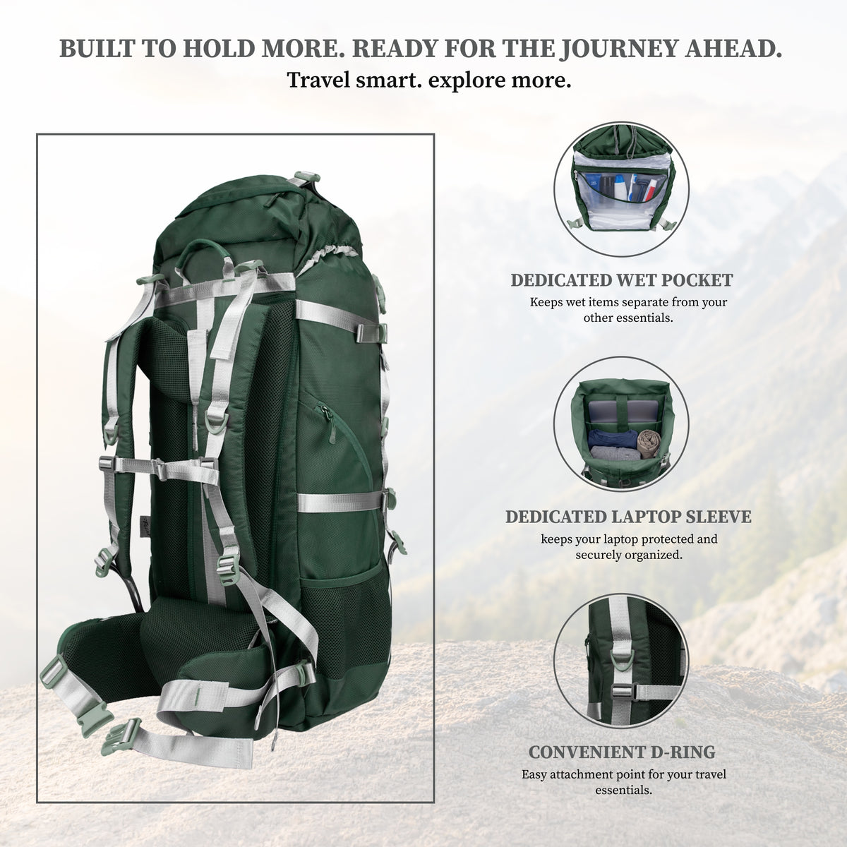 F Gear Hunter 75 2.0 Spruce Green 75L Rucksack Trekking Backpack with Inbuilt Rain Cover