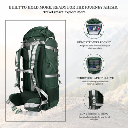 F Gear Hunter 75 2.0 Spruce Green 75L Rucksack Trekking Backpack with Inbuilt Rain Cover