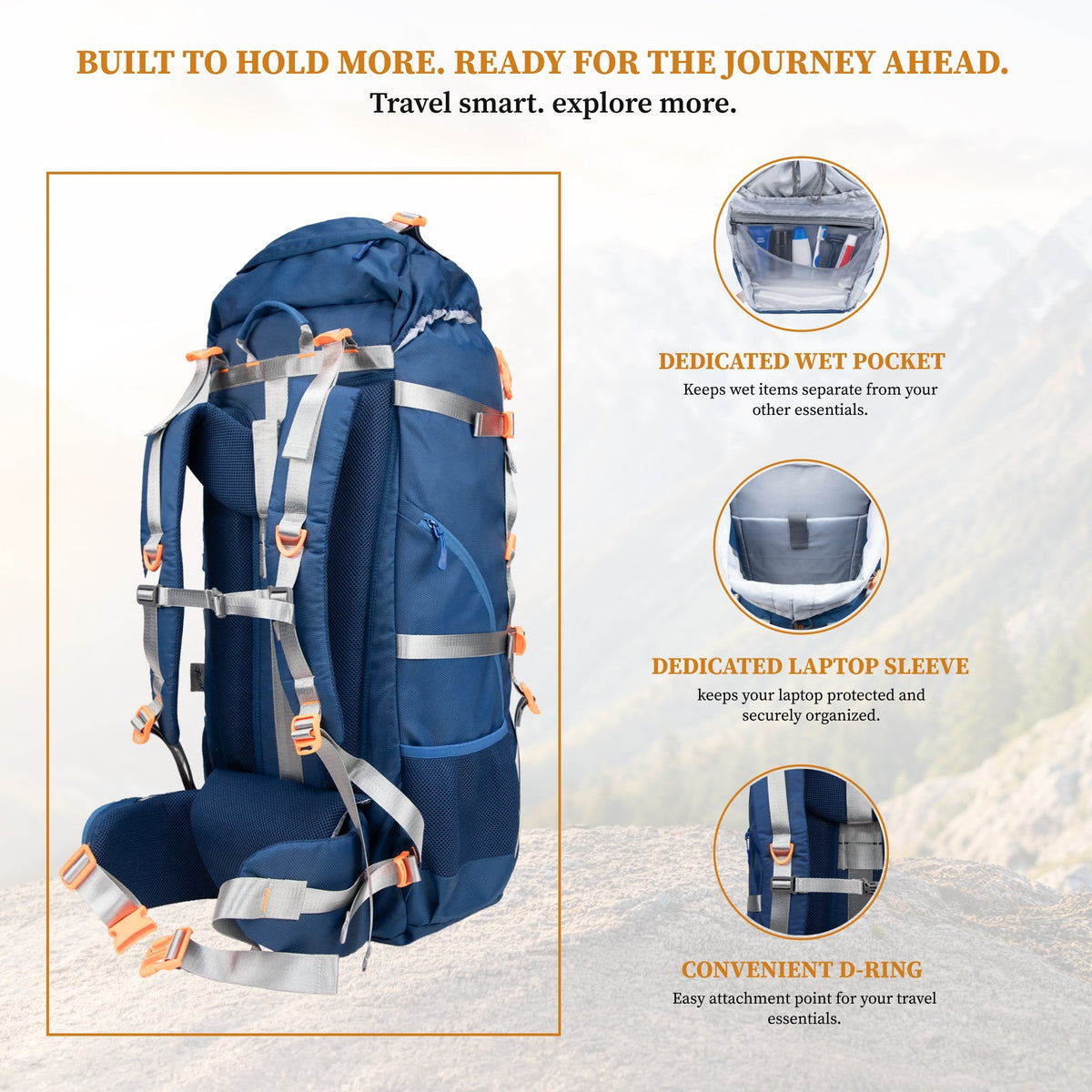 F Gear Hunter 75 2.0 Mettale Blue 75L Rucksack Trekking Backpack with Inbuilt Rain Cover