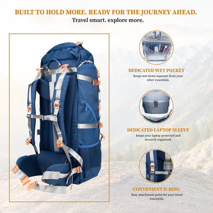 F Gear Hunter 75 2.0 Mettale Blue 75L Rucksack Trekking Backpack with Inbuilt Rain Cover