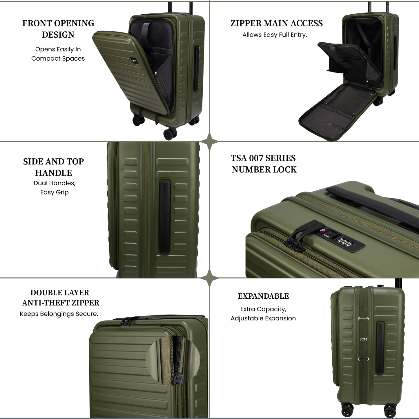 Windsor Army Green 56 cms Small Front Opening Trunk-Style Cabin Strolley with Laptop & Tablet Sleeves & Expander