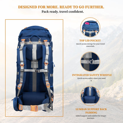 F Gear Hunter 75 2.0 Mettale Blue 75L Rucksack Trekking Backpack with Inbuilt Rain Cover