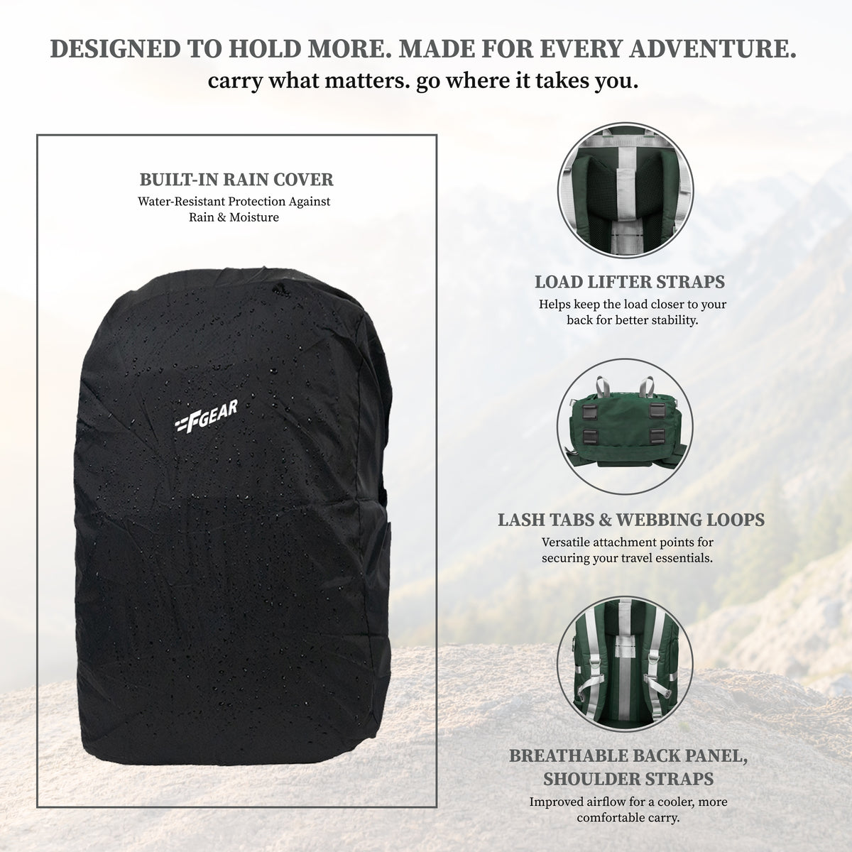 F Gear Hunter 75 2.0 Spruce Green 75L Rucksack Trekking Backpack with Inbuilt Rain Cover