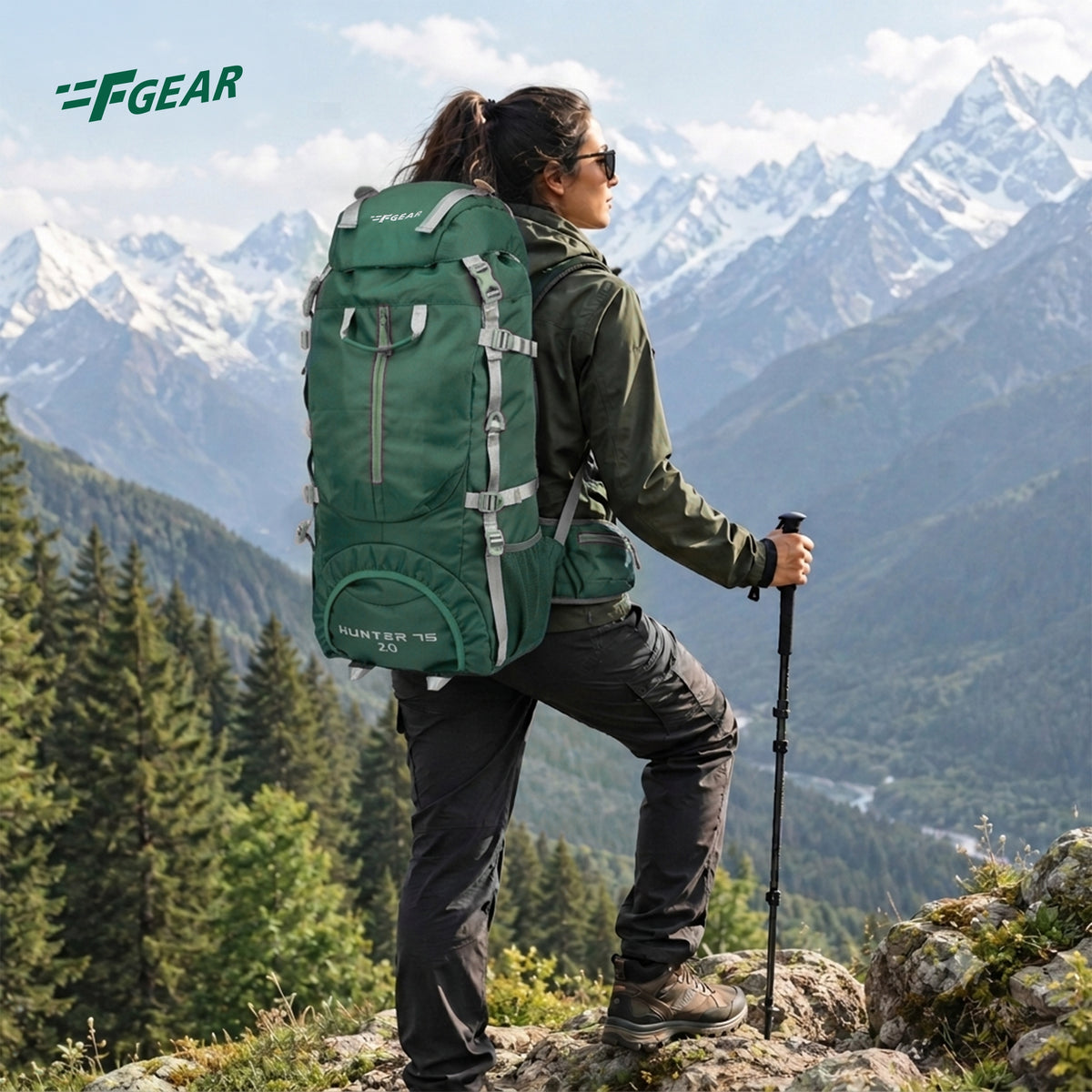 F Gear Hunter 75 2.0 Spruce Green 75L Rucksack Trekking Backpack with Inbuilt Rain Cover