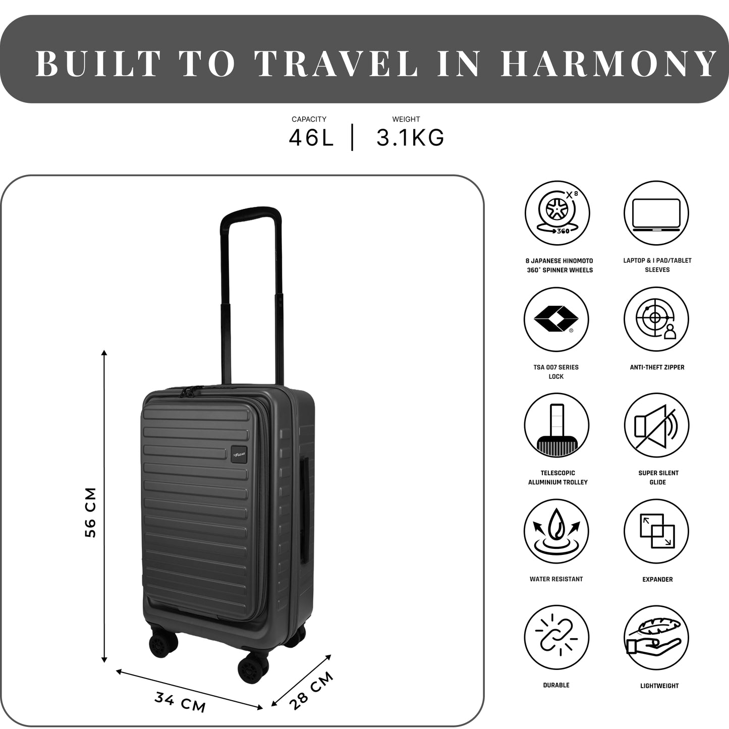 Windsor Steel Grey 56 cms Small Front Opening Trunk-Style Cabin Strolley with Laptop Sleeve & Expander