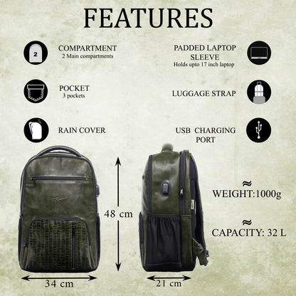 Tambour 32L Faux Leather Green Laptop Backpack with raincover