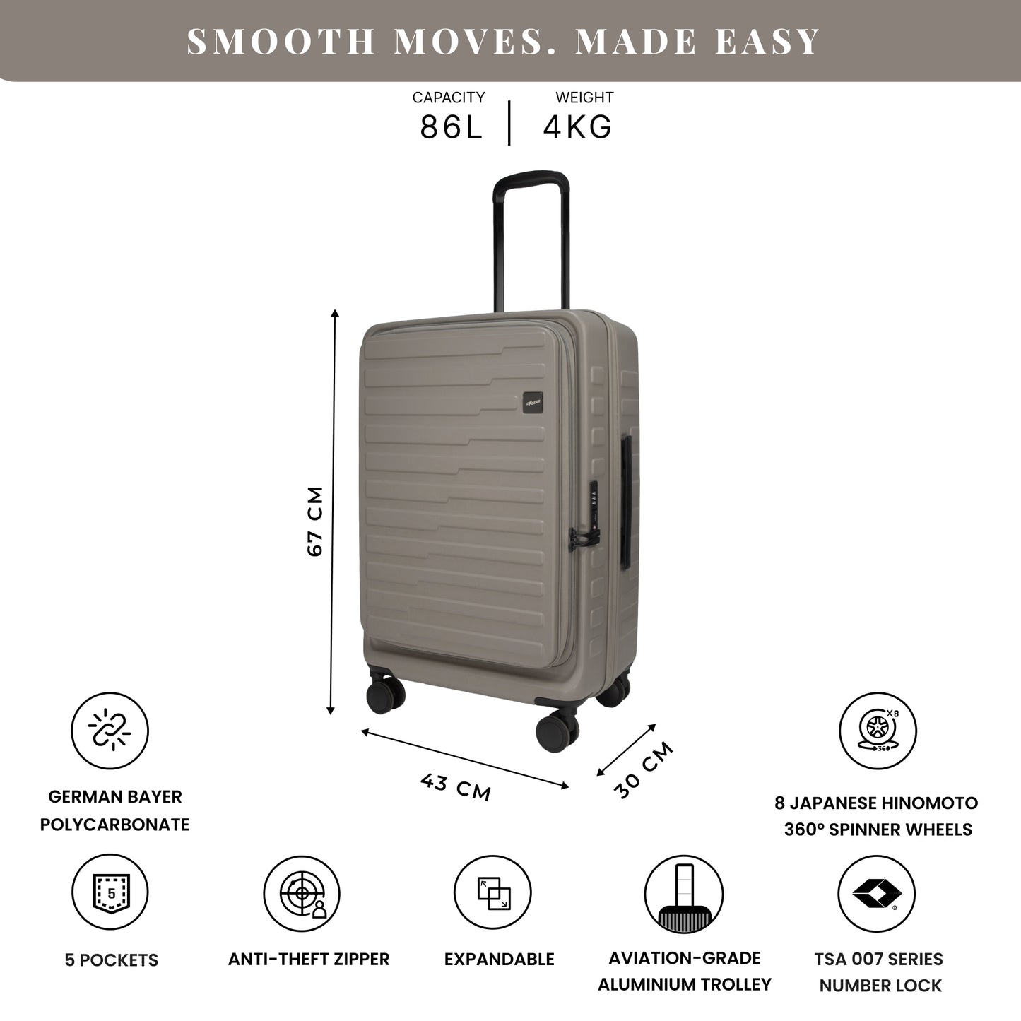 Sedona Medium Taupe 67 cms Front-Opening Strolley