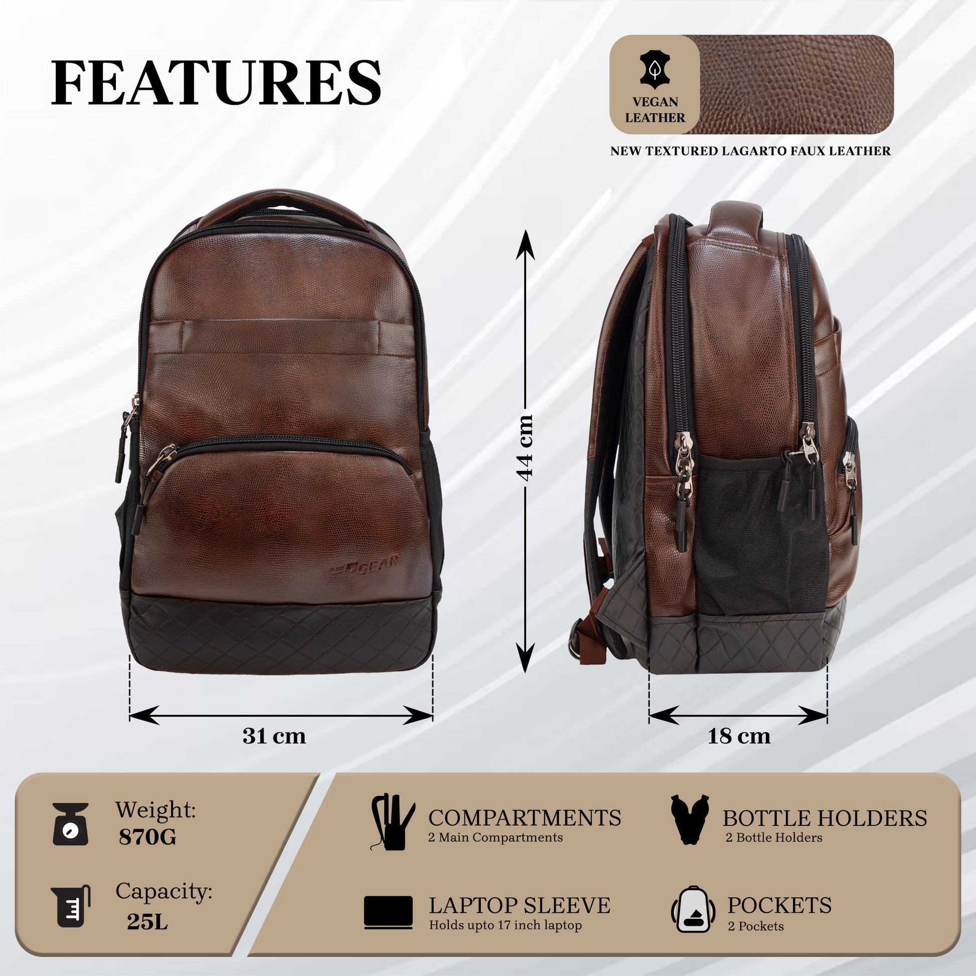 Luxur 25L Lagarto Brown Laptop Backpack - Main Image