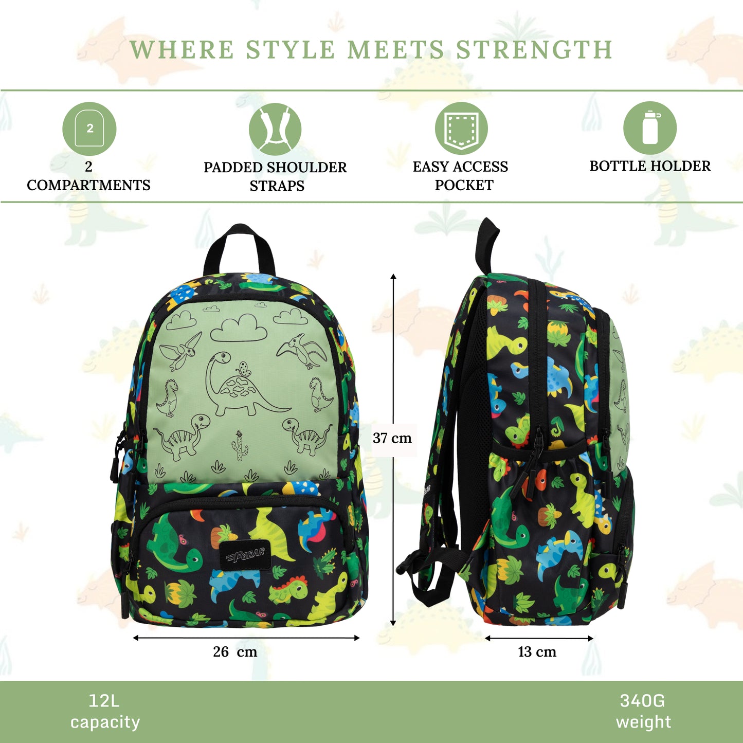 Colour Buddy 12L Black Dino Backpack