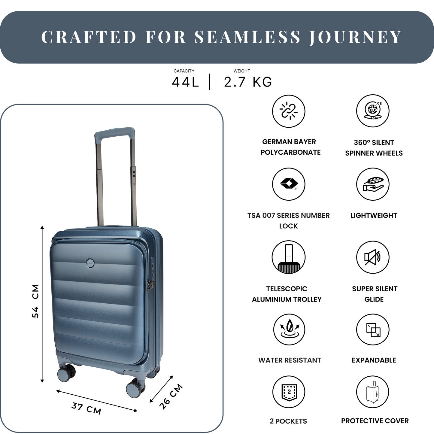 Valencia Small Pearl Blue 54 cms Front-Opening Cabin Strolley