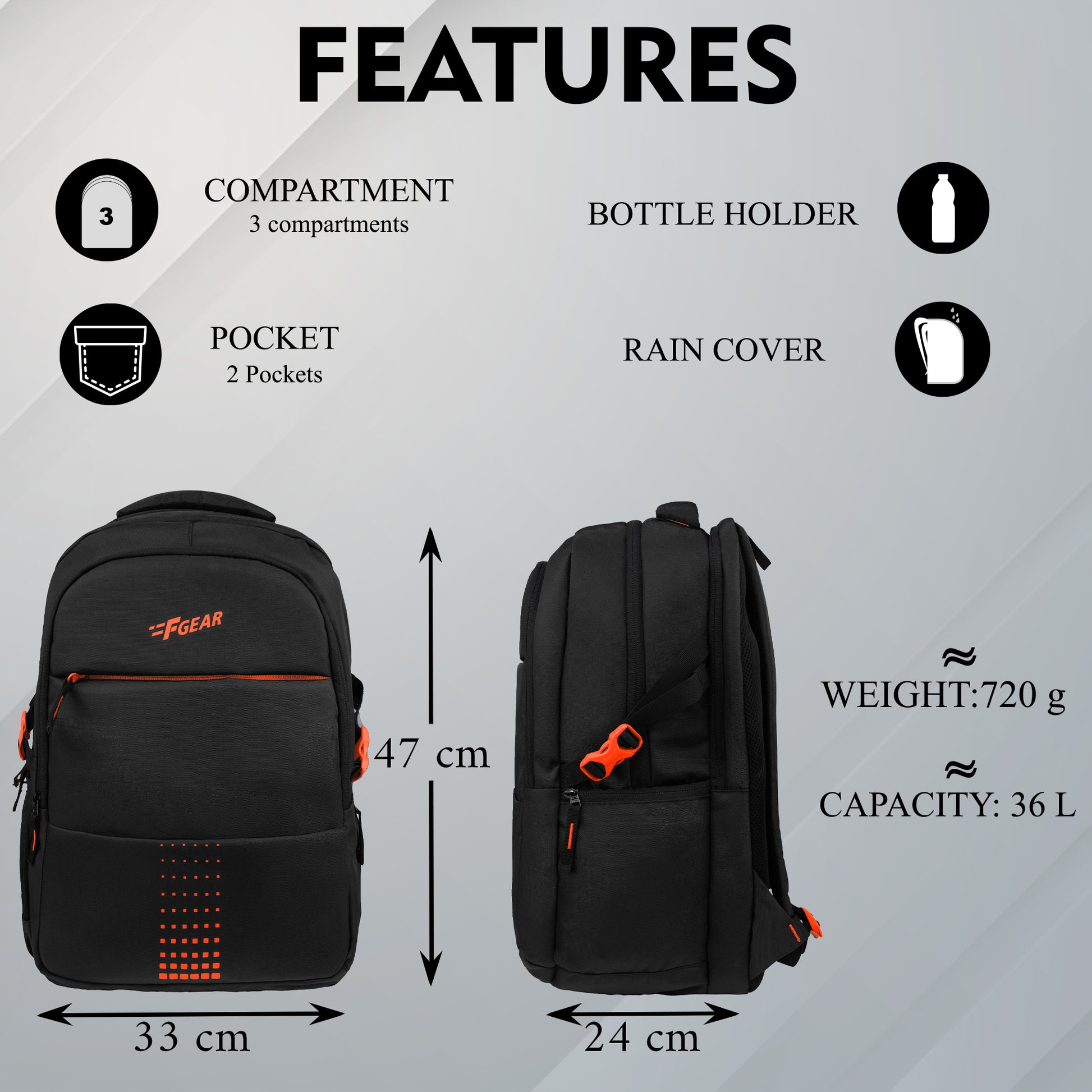 Ember 36L Black Backpack with Rain cover – F - Main Image