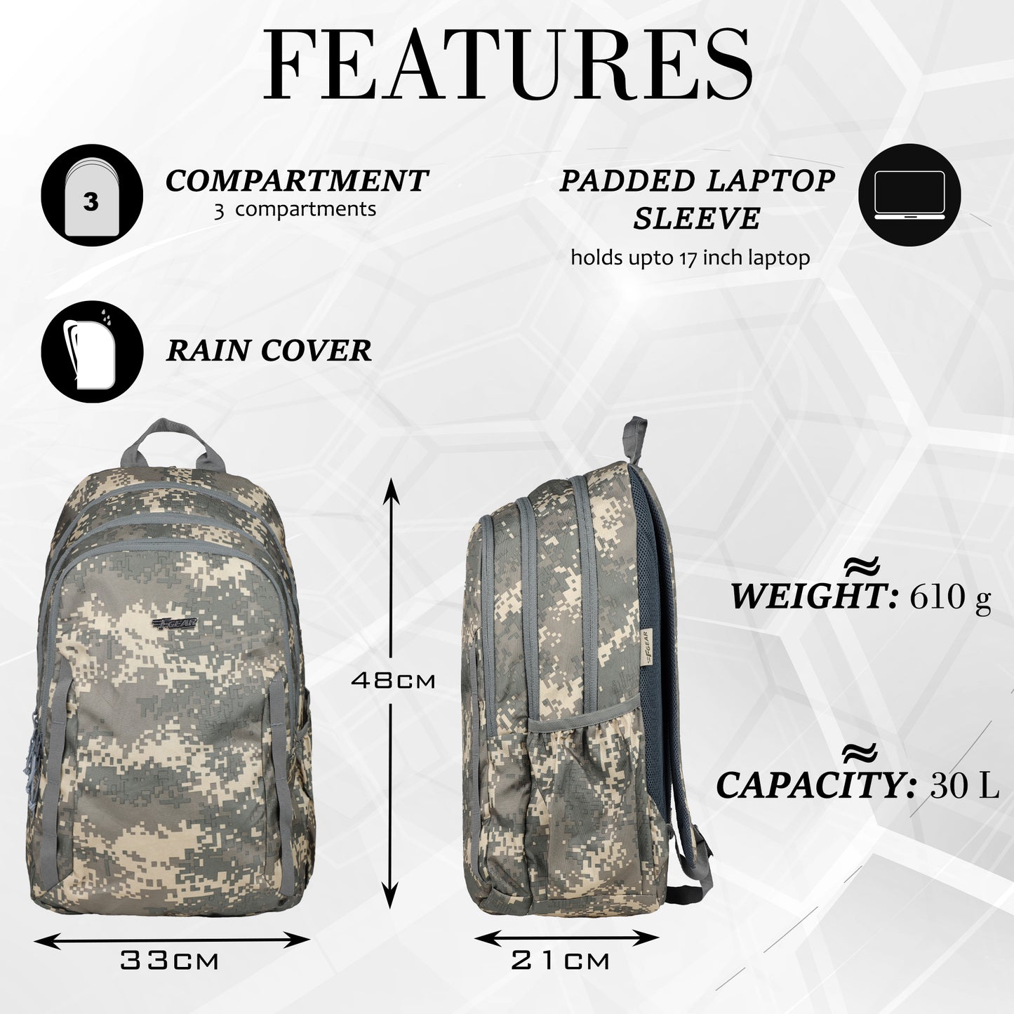 Military Raider 30L Marpat ACV Digital Camo Backpack With Rain Cover