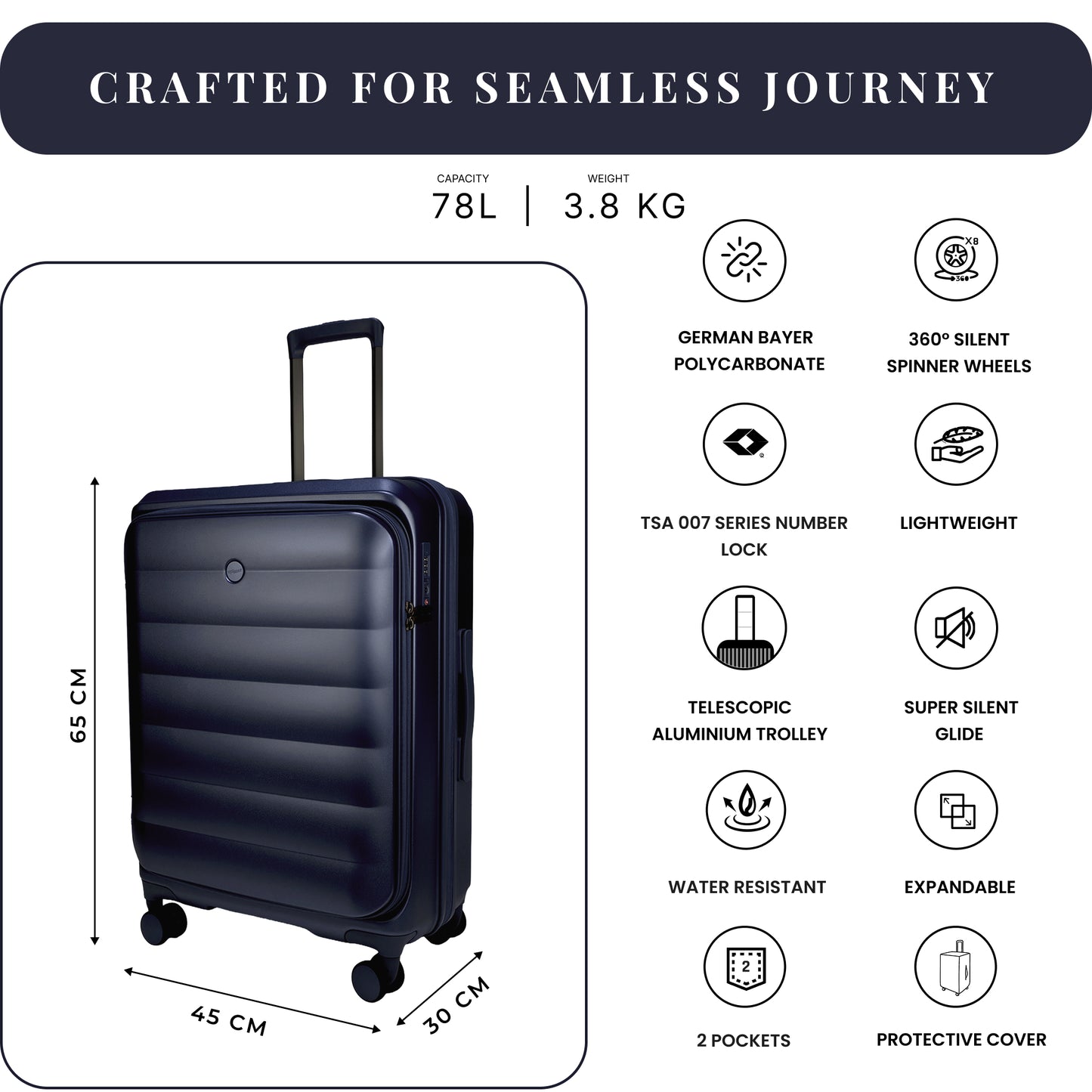 Valencia Medium Navy 65 cms Front-Opening Strolley