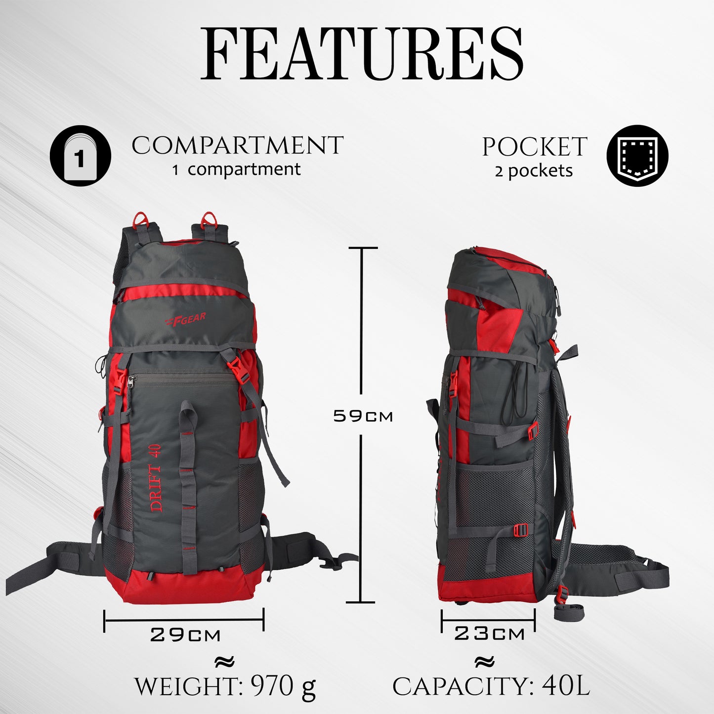 Drift 40L Grey Red Rucksack