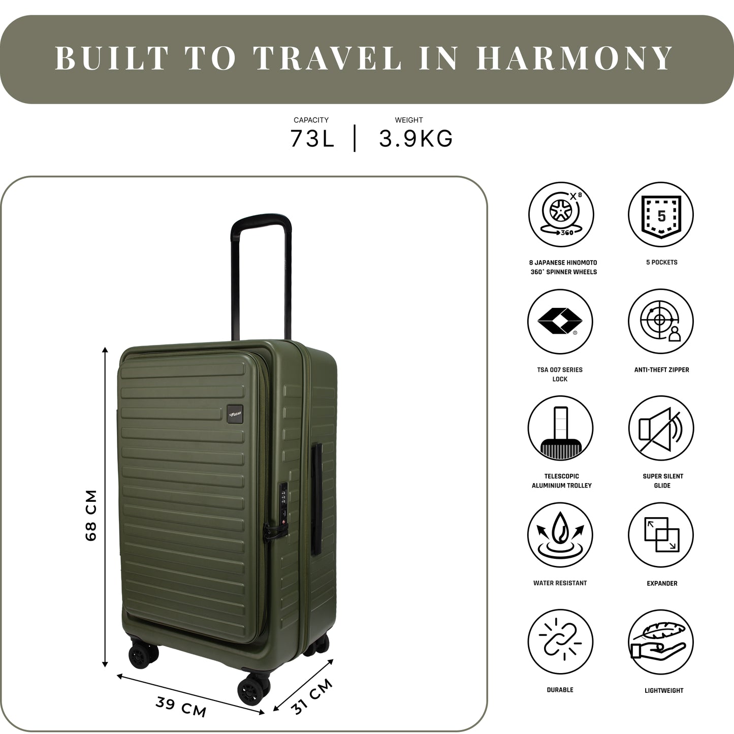 Windsor Army Green 68 cms Medium Front Opening Trunk-Style Check-in Strolley with Expander