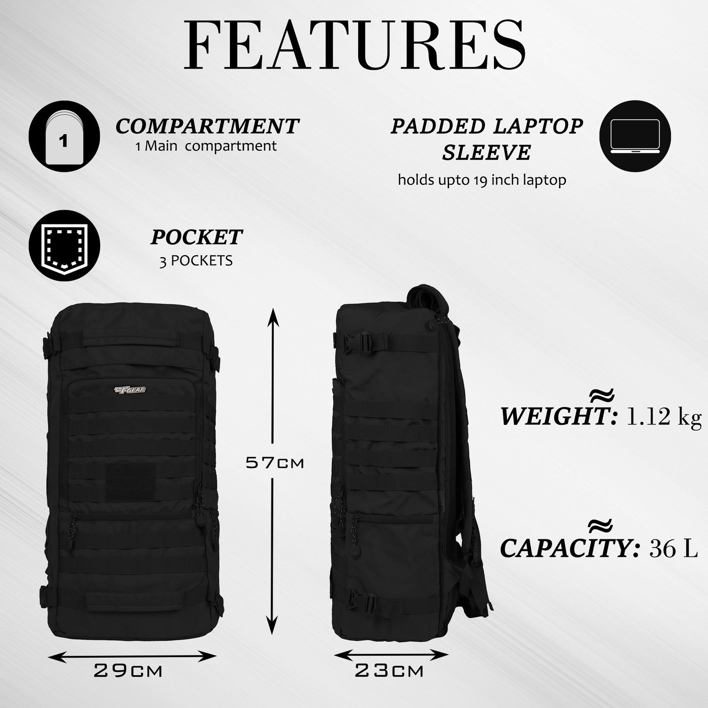 Military Garrison 36L Black Rucksack