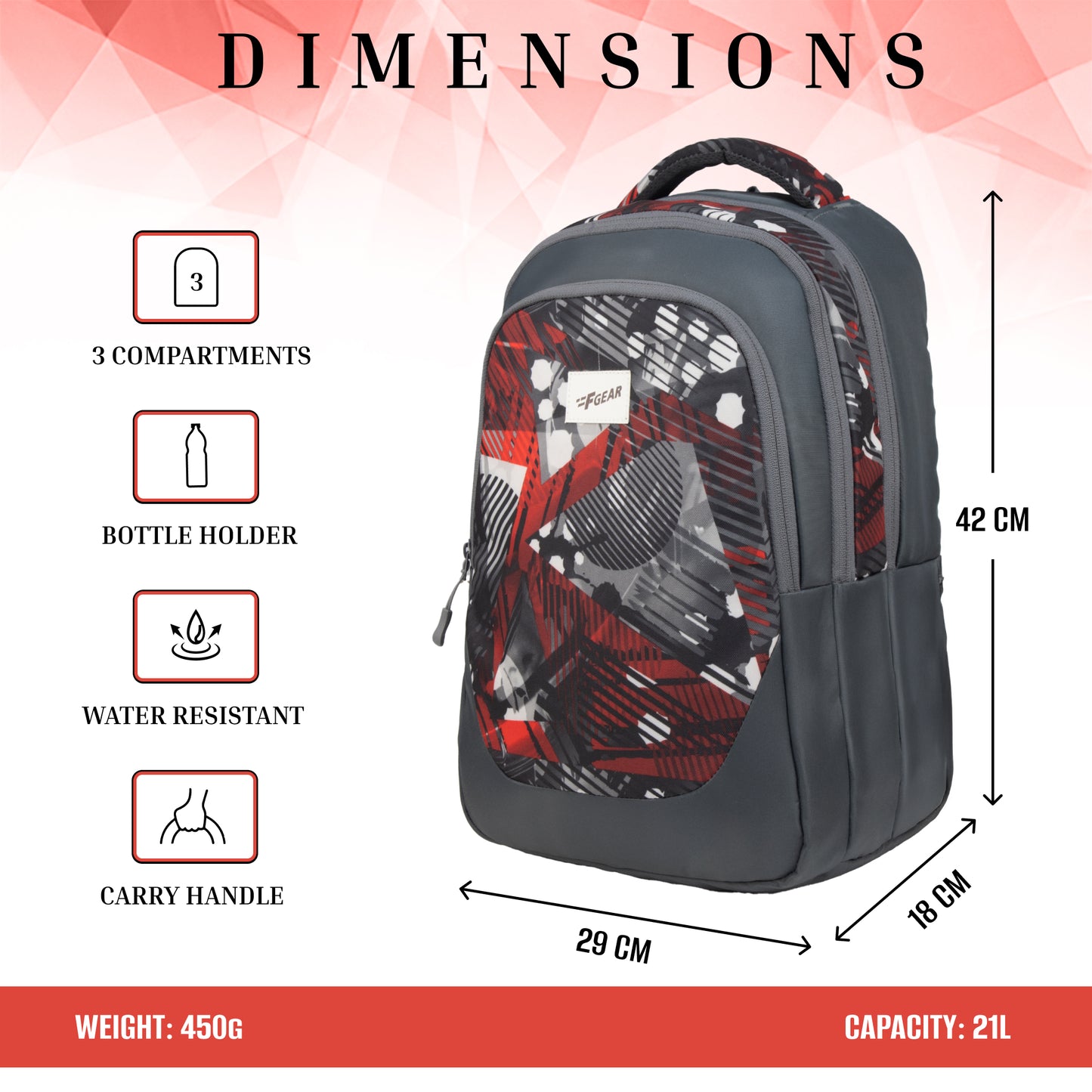 Panya 21L Grey Geometric Black Red Backpack
