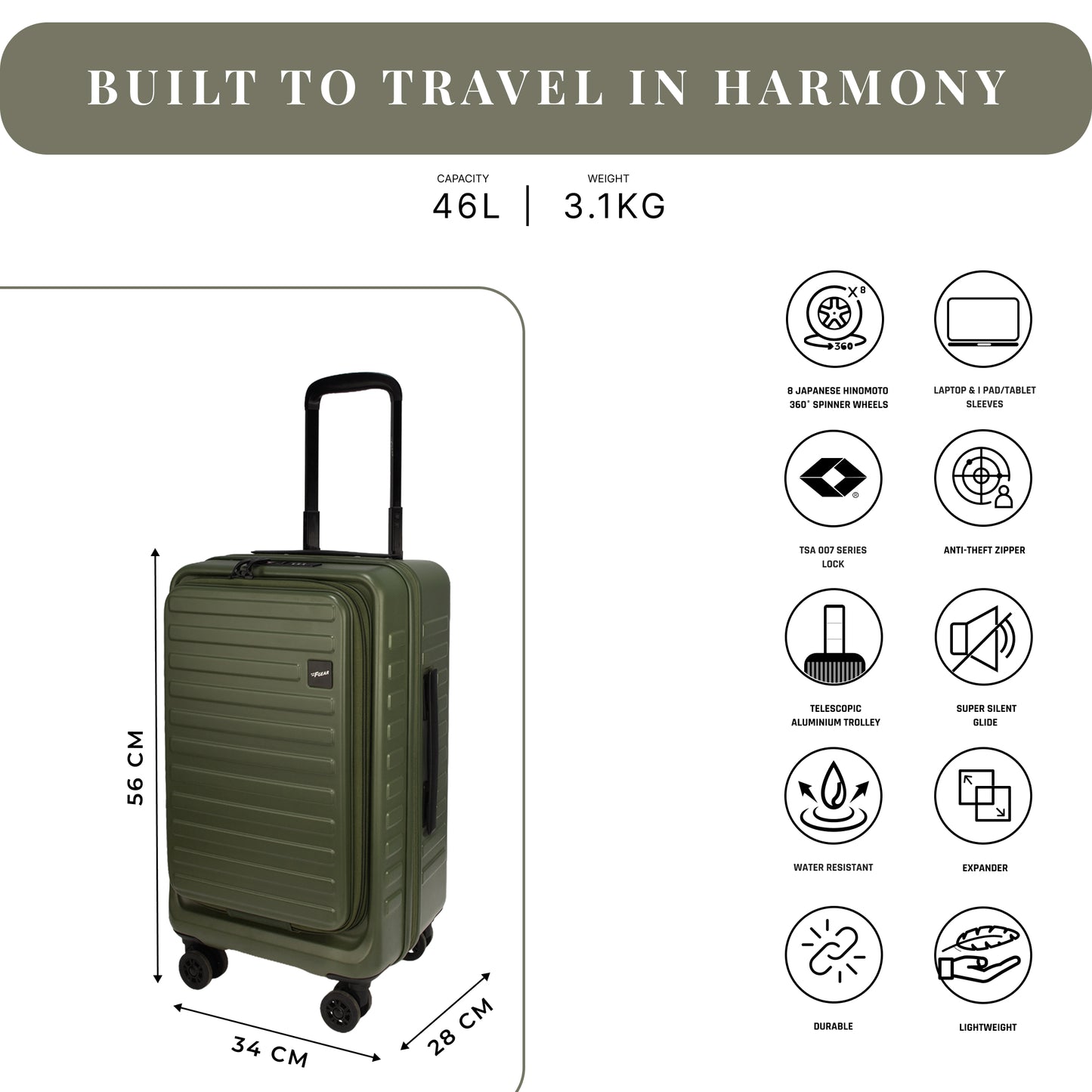 Windsor Army Green 56 cms Small Front Opening Trunk-Style Cabin Strolley with Laptop Sleeve & Expander