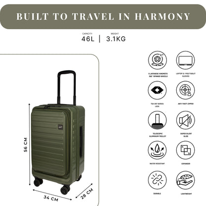 Windsor Army Green 56 cms Small Front Opening Trunk-Style Cabin Strolley with Laptop Sleeve & Expander