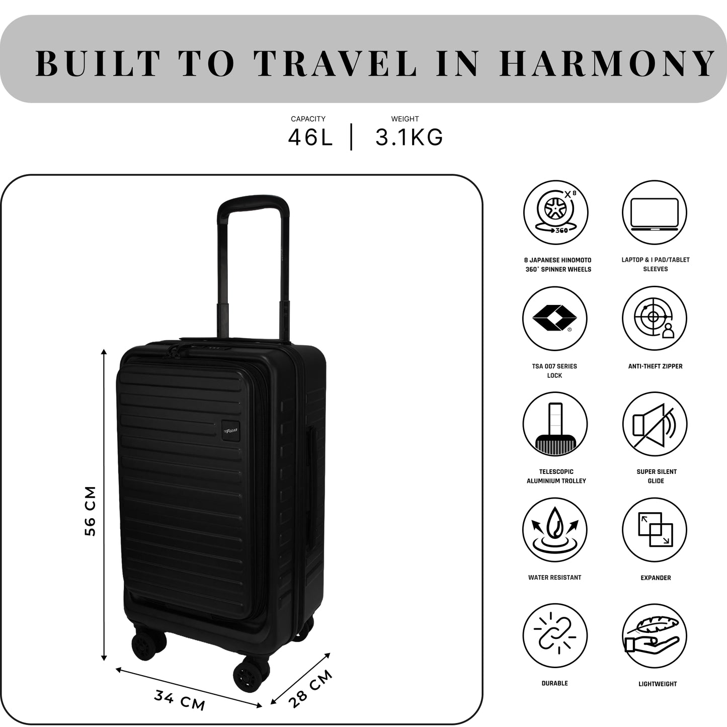 Windsor Black 56 cms Small Front Opening Trunk-Style Cabin Strolley with Laptop Sleeve & Expander