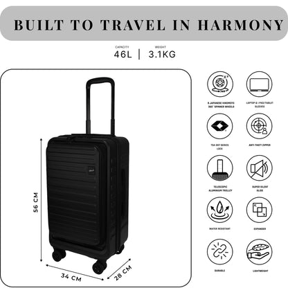 Windsor Black 56 cms Small Front Opening Trunk-Style Cabin Strolley with Laptop Sleeve & Expander