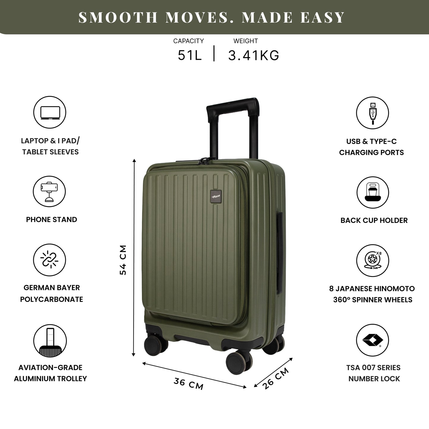 Montreal Small Cabin Pro Army Green 54 cms Front-Opening Strolley