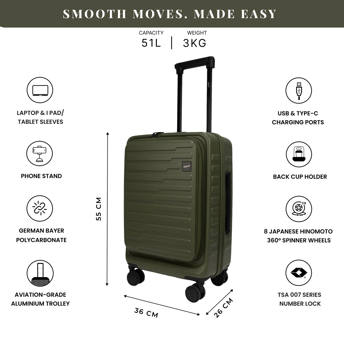 Sedona Small Cabin Pro Army Green 55 cms Front-Opening Strolley