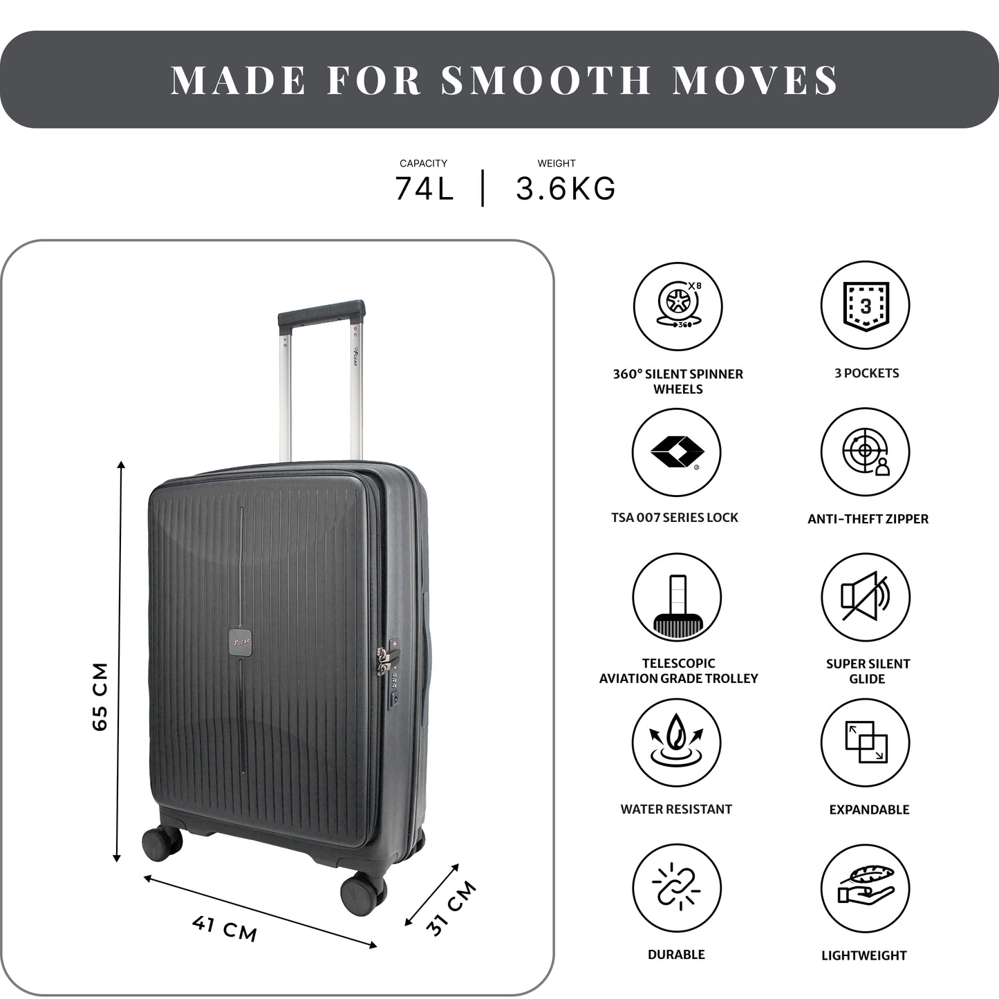 F Gear Myton Medium Front Opening Dark Grey Check-in Strolley