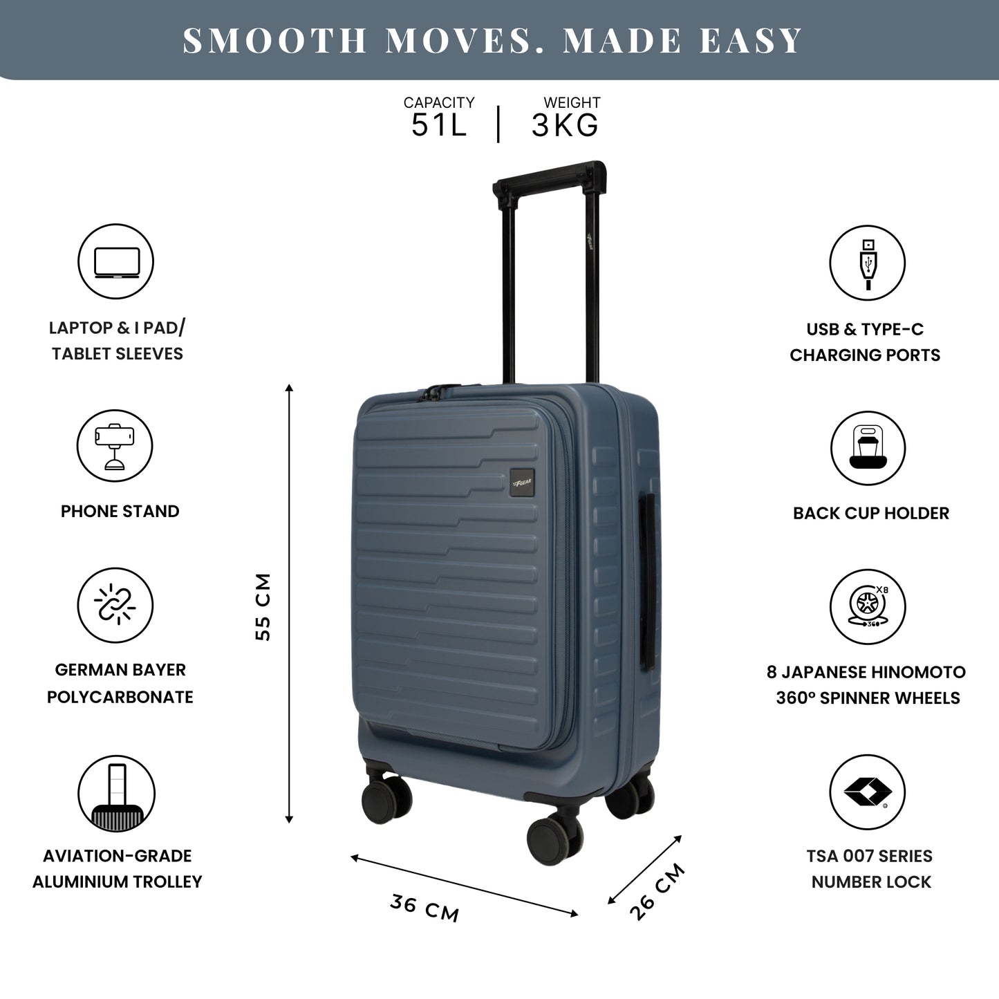 Sedona Small Cabin Pro Stone Blue 55 cms Front-Opening Strolley