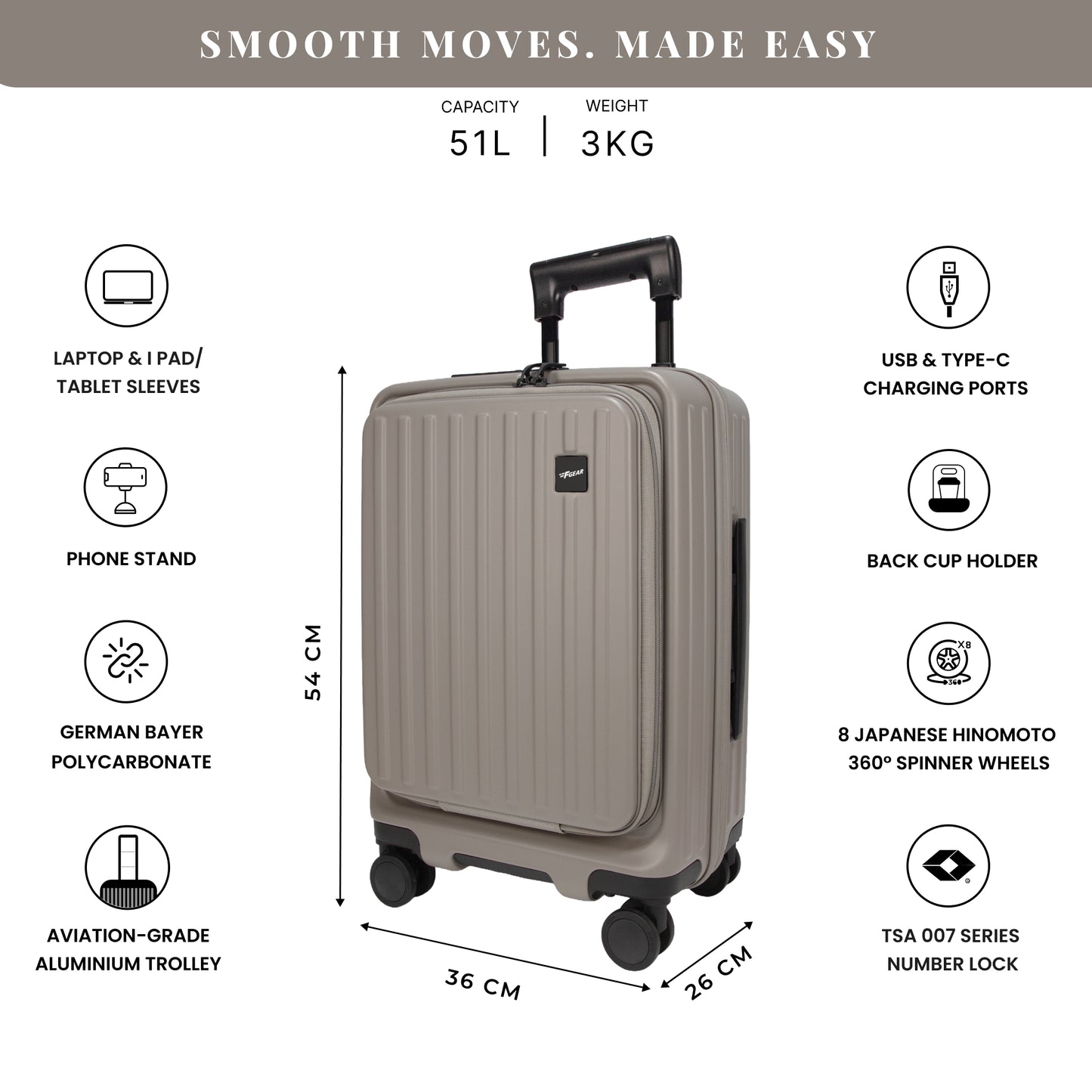 Montreal Small Cabin Pro Taupe 54 cms Front-Opening Strolley