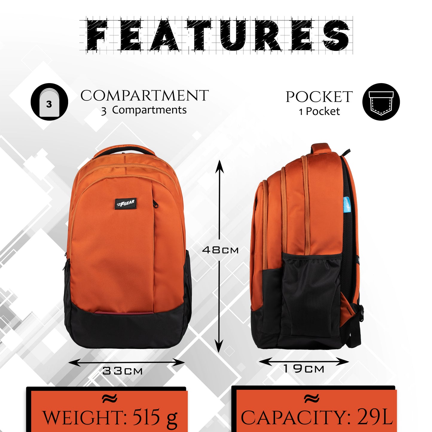 Winsome 29L Black Brick Orange Backpack