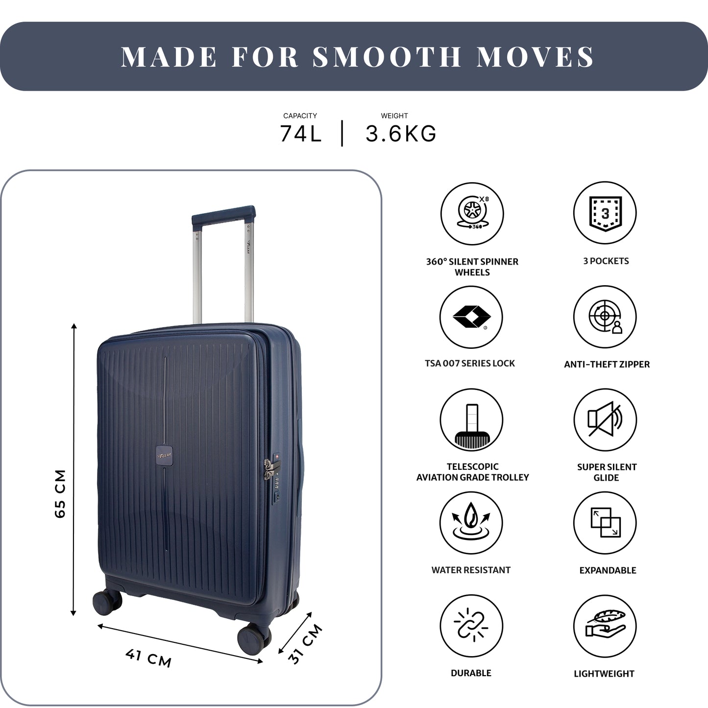 F Gear Myton Medium Front Opening Navy Check-in Strolley