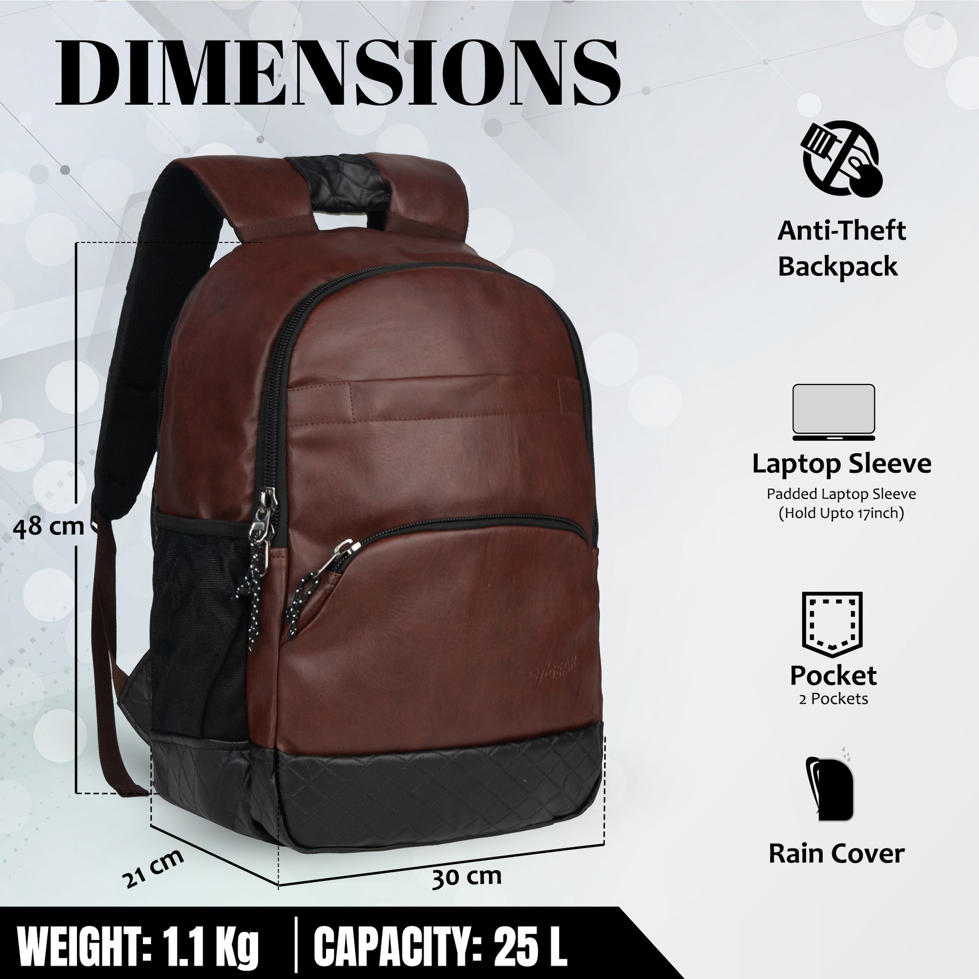 Luxur 25L Brown Anti-theft Laptop Backpack with raincover – F