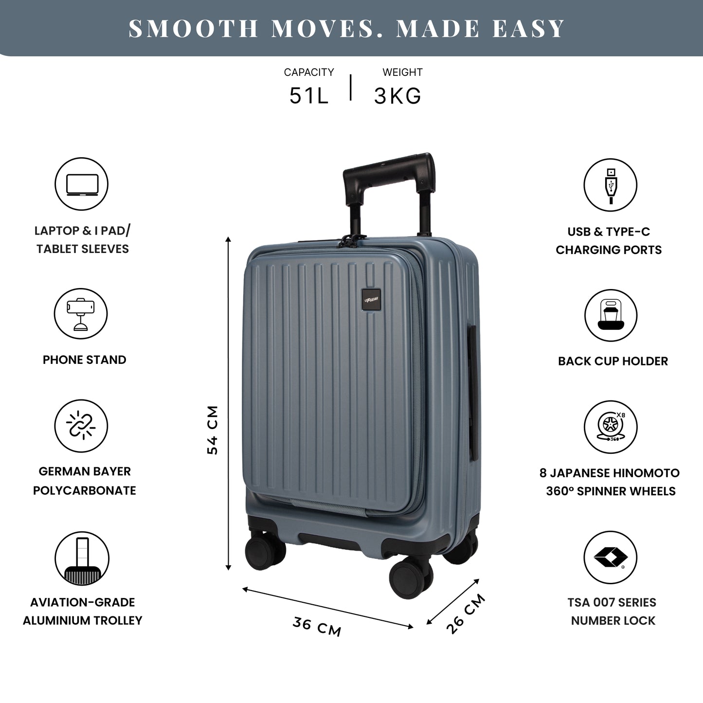 Montreal Small Cabin Pro Stone Blue 54 cms Front-Opening Strolley