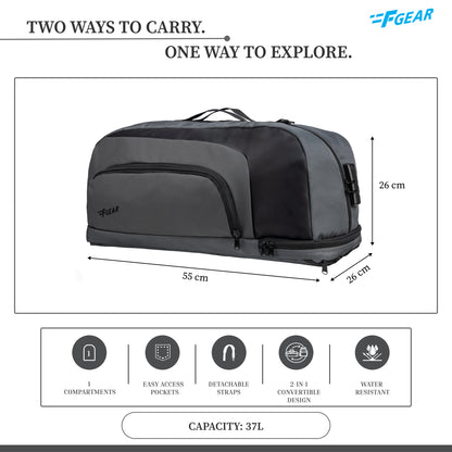 Thunder 37L Grey Convertible Backpack cum Duffel