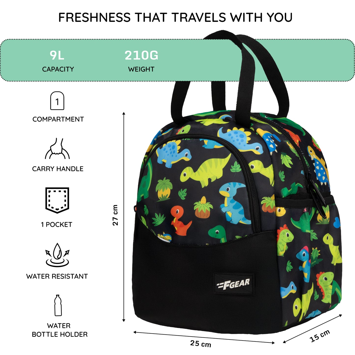 Cibo 9L Black Colourful Dino Lunch Bag