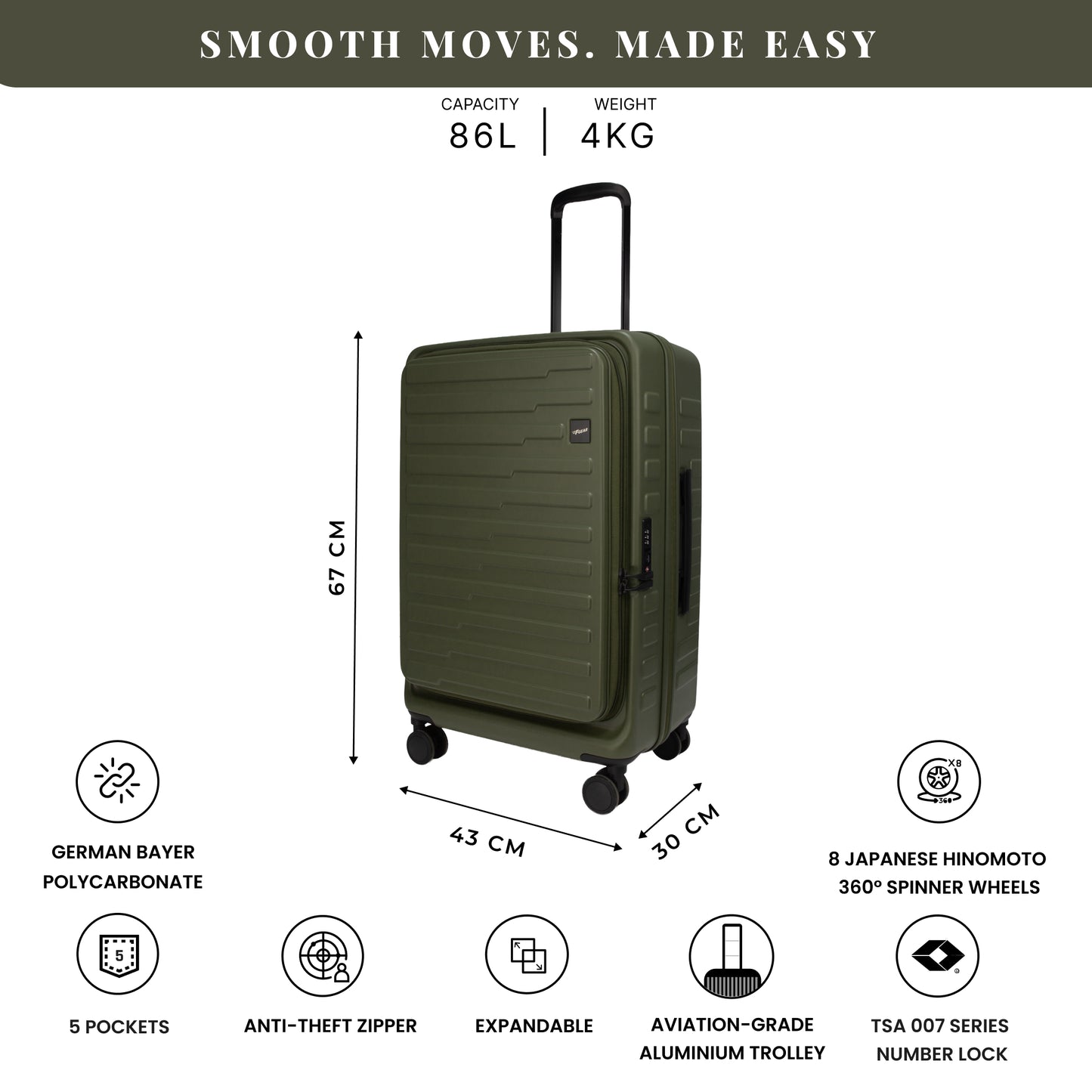Sedona Medium Army Green 67 cms Front-Opening Strolley