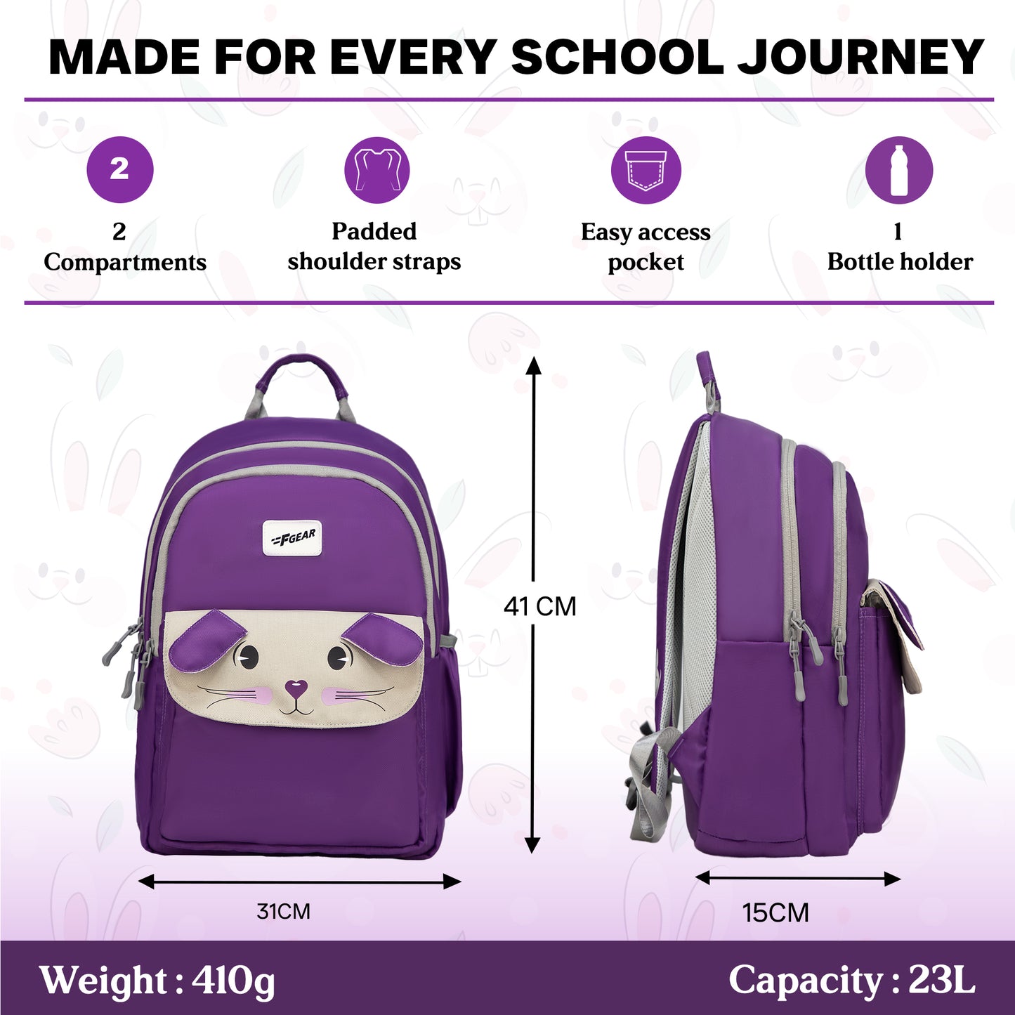 Bunny Dark Purple 22L School Backpack|Premium & Soft Touch|Unisex Kids School Bag