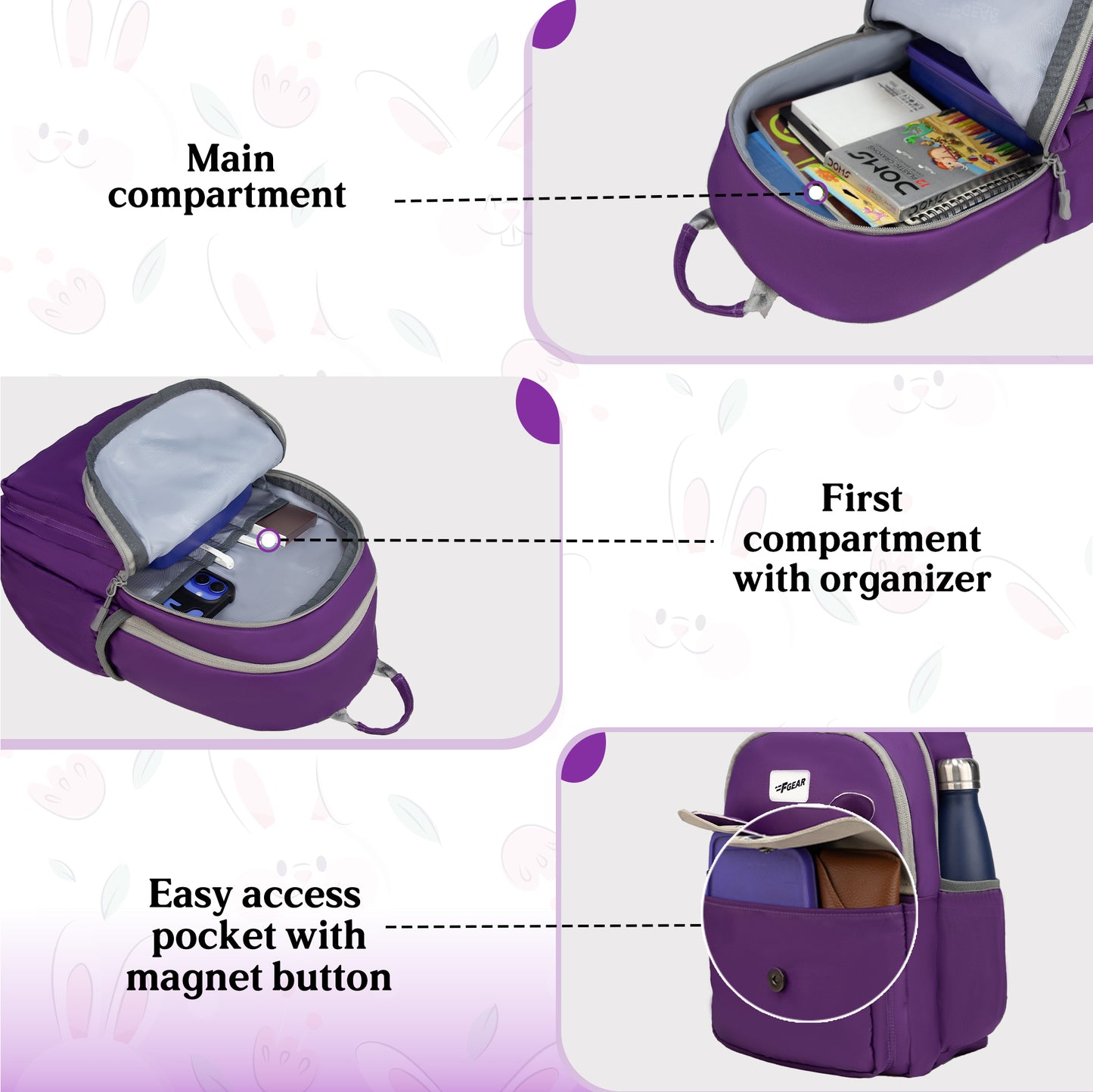 Bunny Dark Purple 22L School Backpack|Premium & Soft Touch|Unisex Kids School Bag