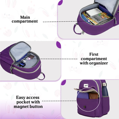 Bunny Dark Purple 22L School Backpack|Premium & Soft Touch|Unisex Kids School Bag
