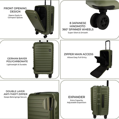 Windsor Army Green 56 cms Small Front Opening Trunk-Style Cabin Strolley with Laptop Sleeve & Expander