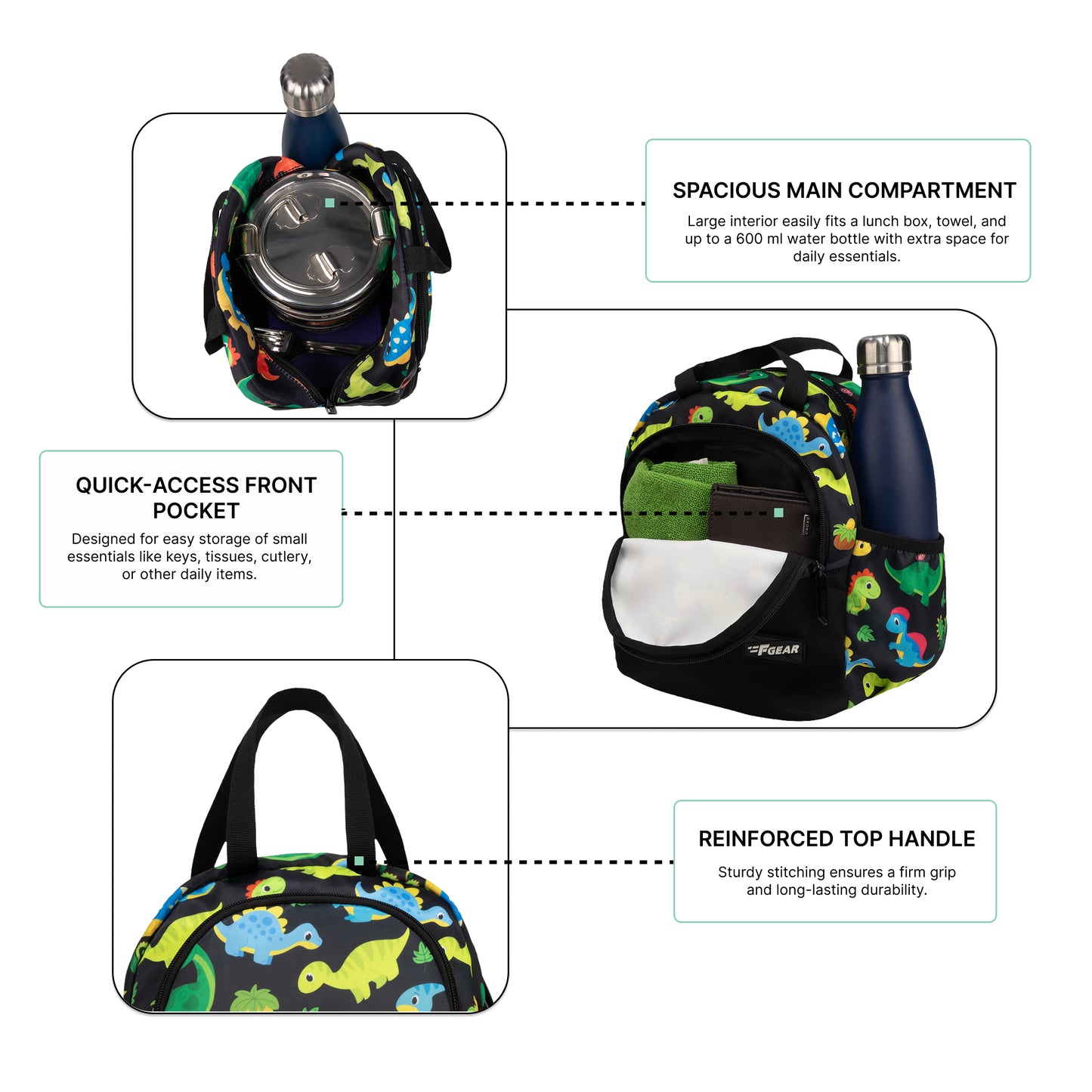 Cibo 9L Black Colourful Dino Lunch Bag