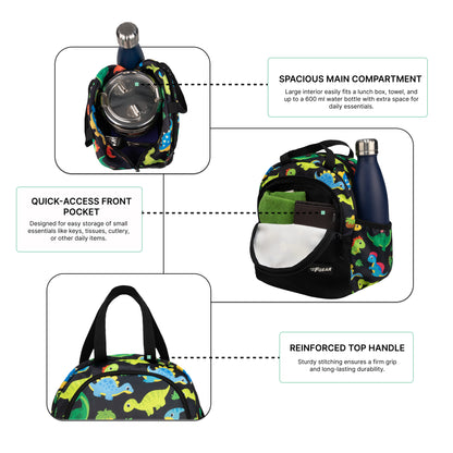 Cibo 9L Black Colourful Dino Lunch Bag