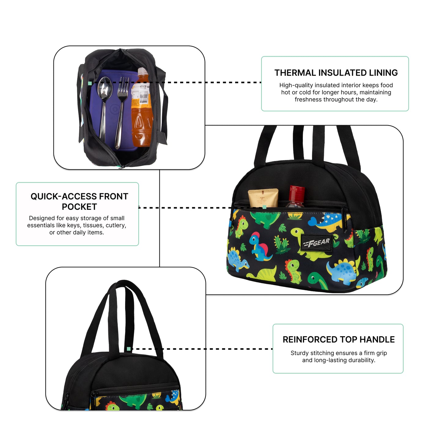 Nugget 7L Black Colourful Dino Lunch Bag