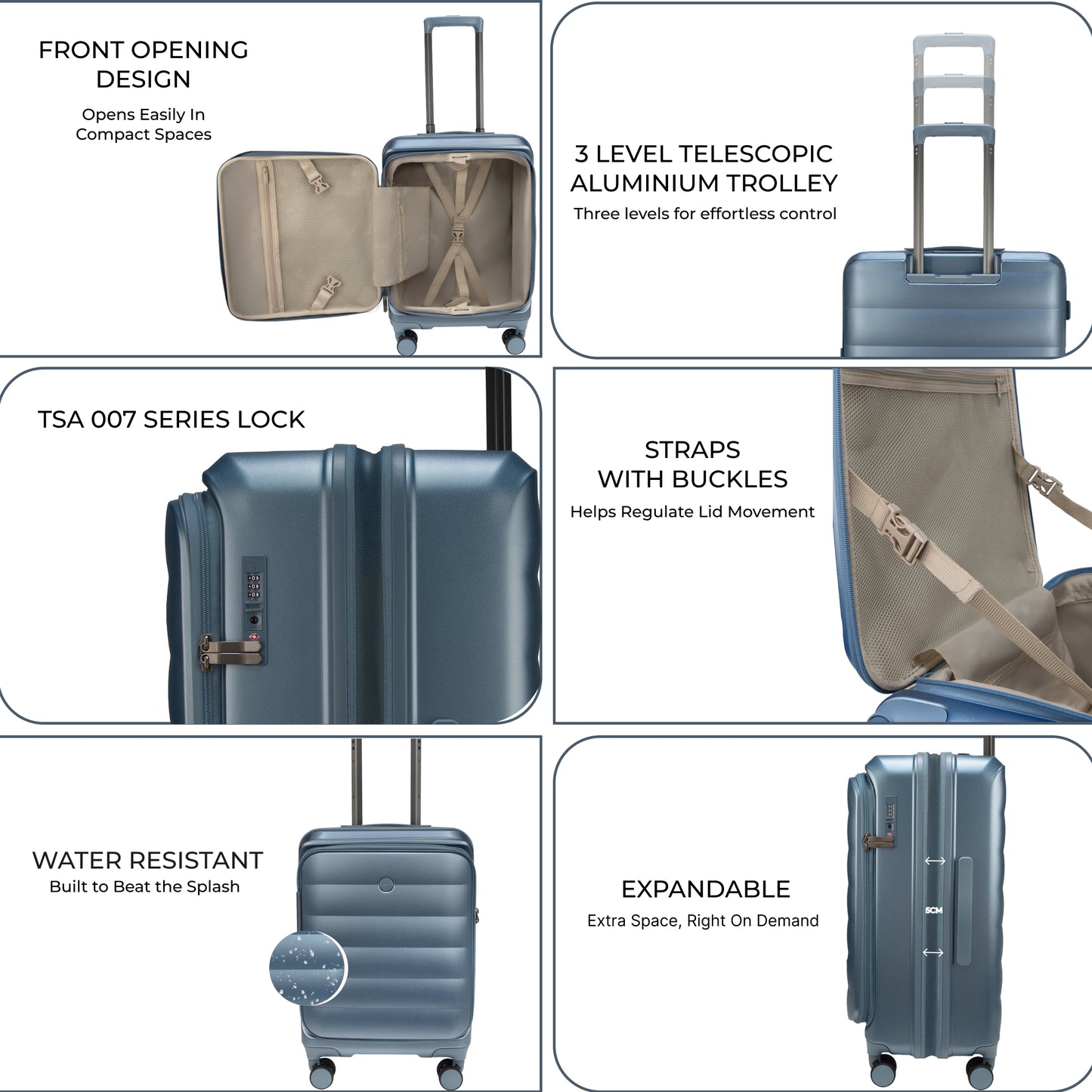 Valencia Front-Opening Strolley Pearl Blue Set of 3 Suitcases