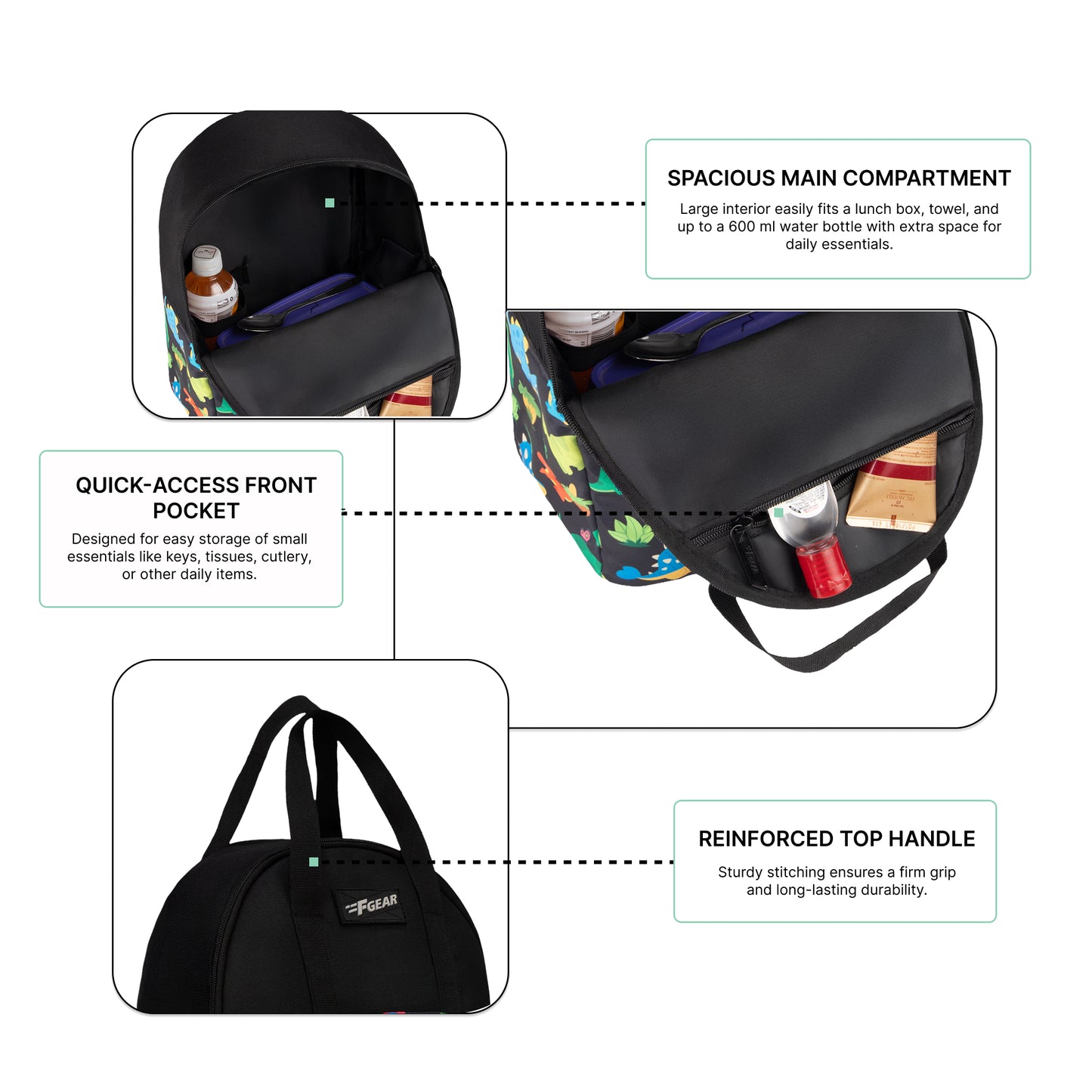 Comida 11L Black Colourful Dino Lunch Bag