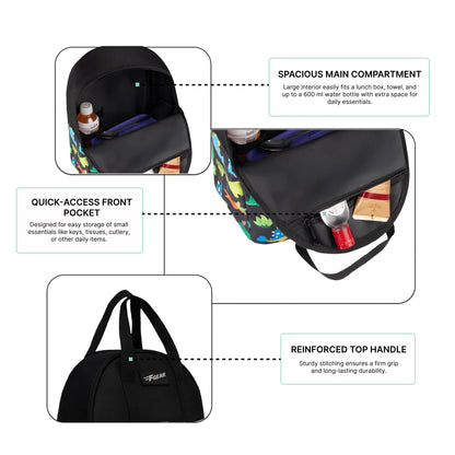 Comida 11L Black Colourful Dino Lunch Bag