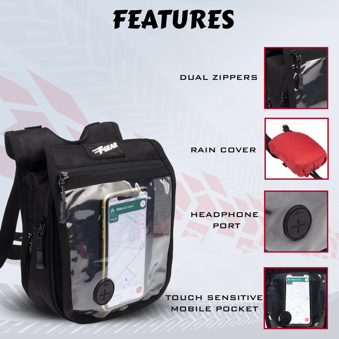 Alfie Black 2L Tank Pouch Motorcycle Bag with Rain cover & Headphone port